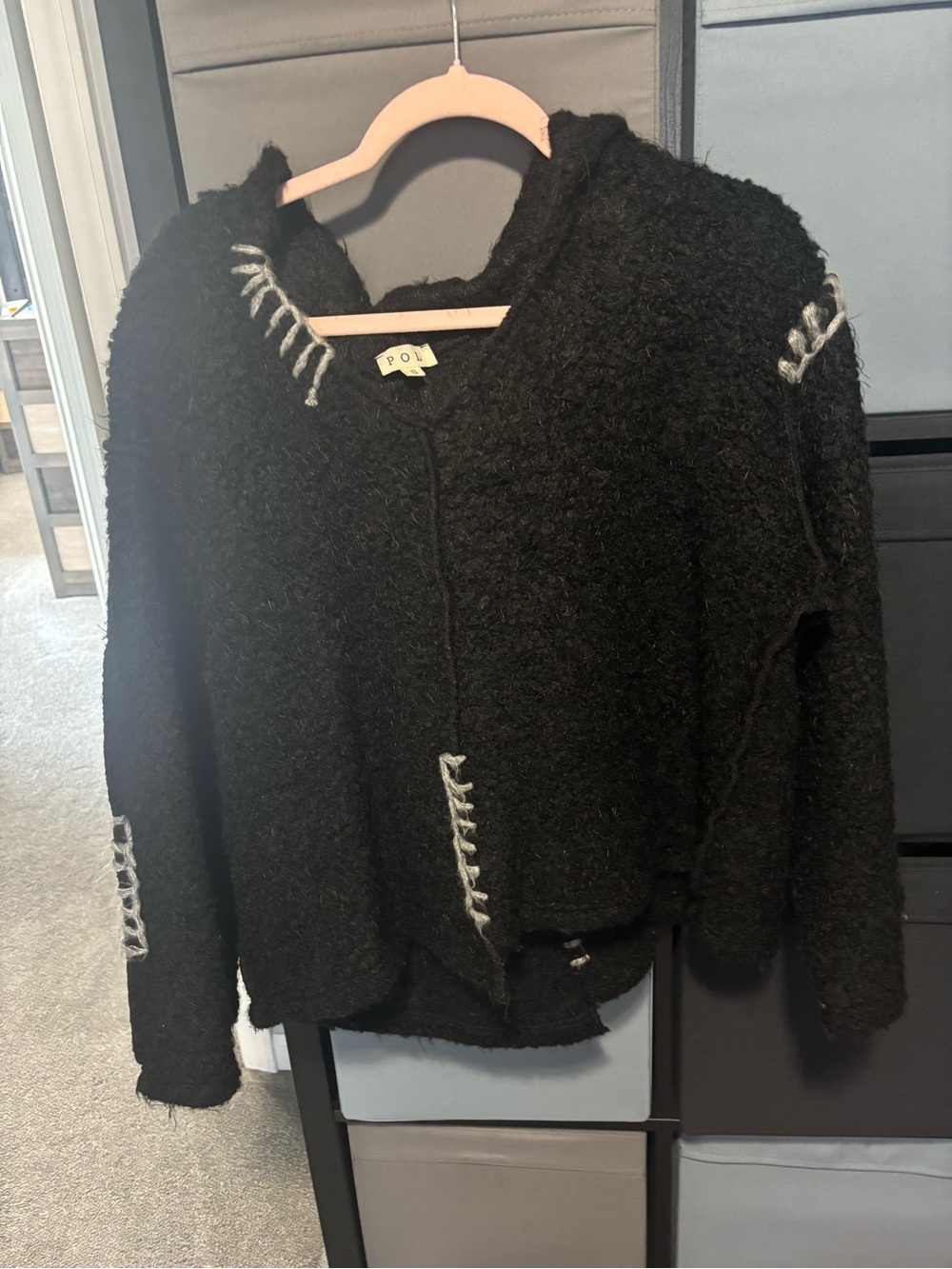 POL Black Hooded Knit Sweater with Gray Stitch Accents